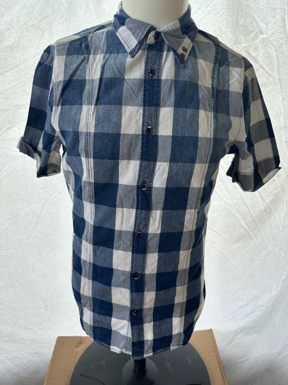 Armani Jeans Men's Blue White Plaid Color Block SS Button Front Shirt Medium Cot